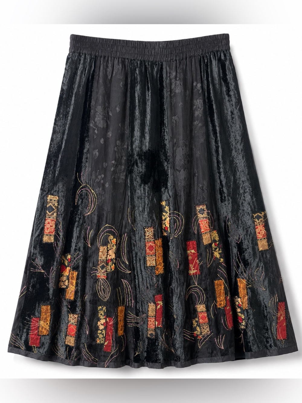 Dark Academia Black Velvet Burnout Patchwork Maxi Skirt Boho Whimsigoth Artsy, S - Picture 2 of 16